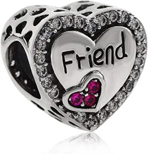 LUCKYBEADS Friend Charm 925 Sterling Silver Friendship Charm Heart Charms Compatible with Pandora Bracelet