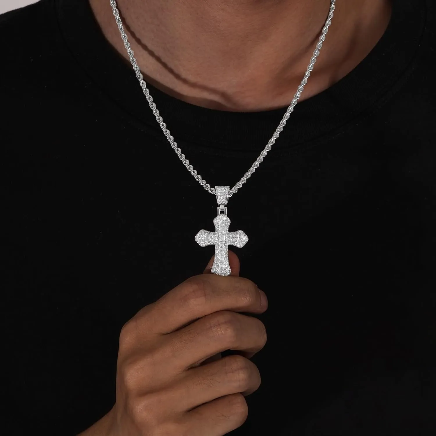 Lulu Mel Iced Out Colorful Cross Pendant Necklace With Stainless Steel Rope Chain, White Gold Plated Hip Hop Rhinestone Cross Chains For Men Women