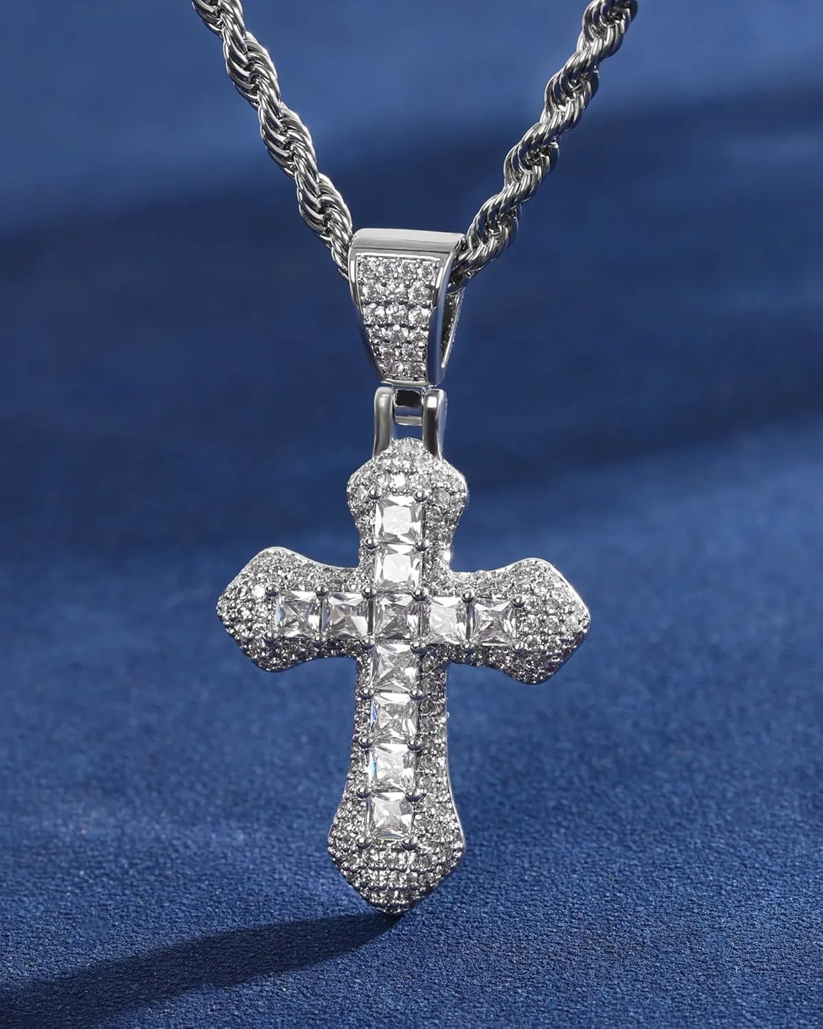 Lulu Mel Iced Out Colorful Cross Pendant Necklace With Stainless Steel Rope Chain, White Gold Plated Hip Hop Rhinestone Cross Chains For Men Women