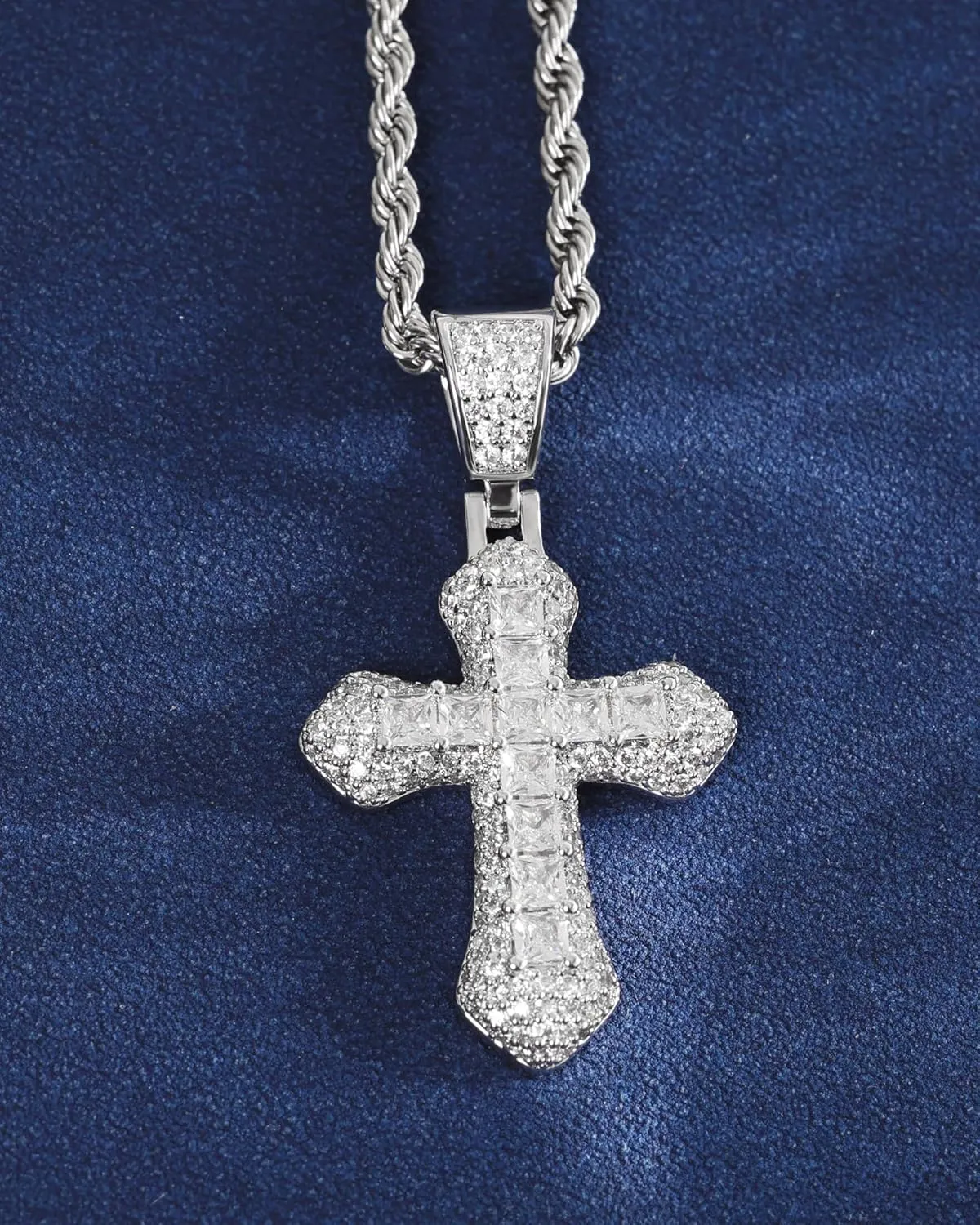 Lulu Mel Iced Out Colorful Cross Pendant Necklace With Stainless Steel Rope Chain, White Gold Plated Hip Hop Rhinestone Cross Chains For Men Women