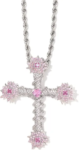 Lulu Mel Iced Out White Gold Plated Cubic Zirconia Stone Cross Necklace With Rope Chain, Trendy Hip Hop Cross Chain Jesus Necklace For Men Women