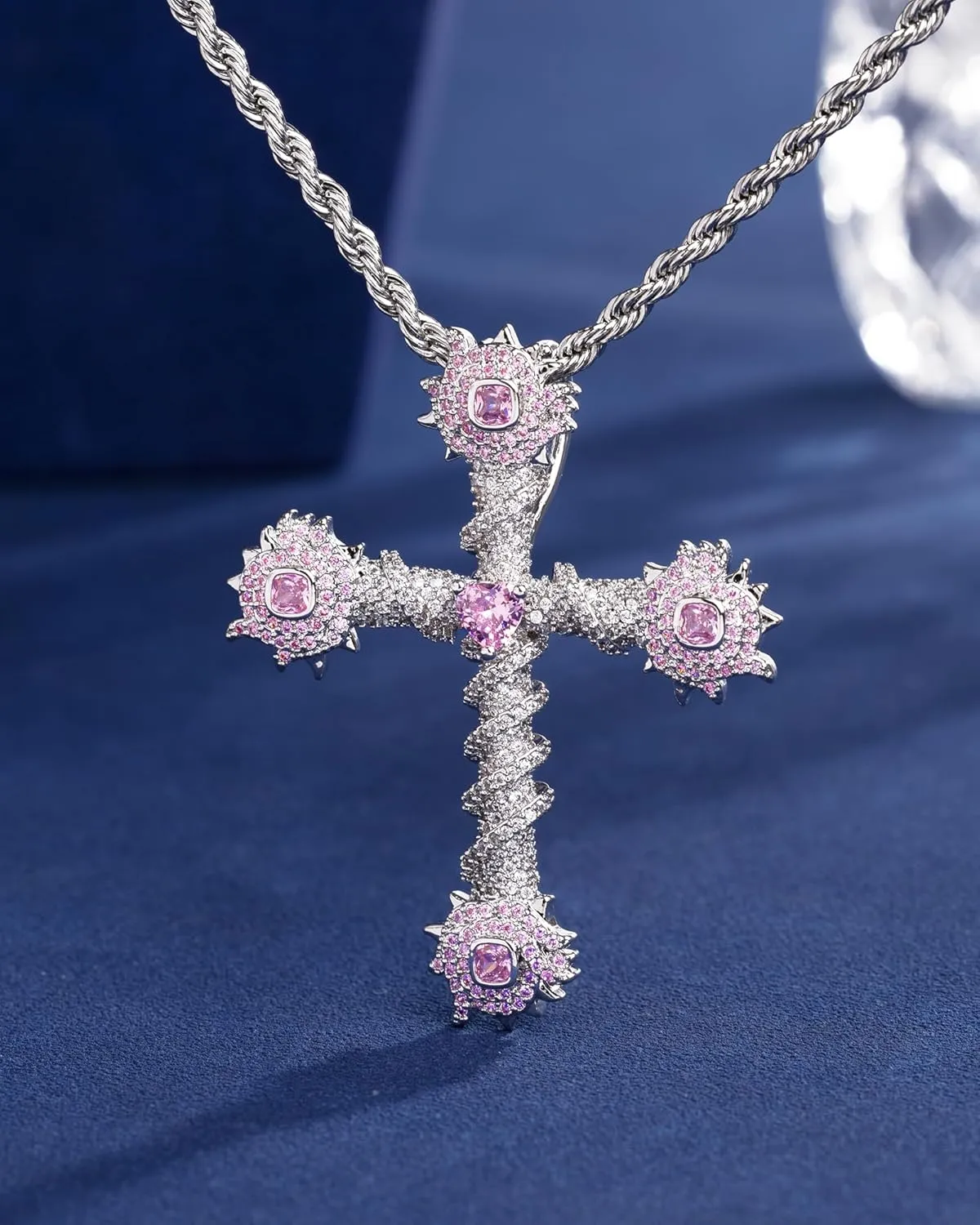 Lulu Mel Iced Out White Gold Plated Cubic Zirconia Stone Cross Necklace With Rope Chain, Trendy Hip Hop Cross Chain Jesus Necklace For Men Women