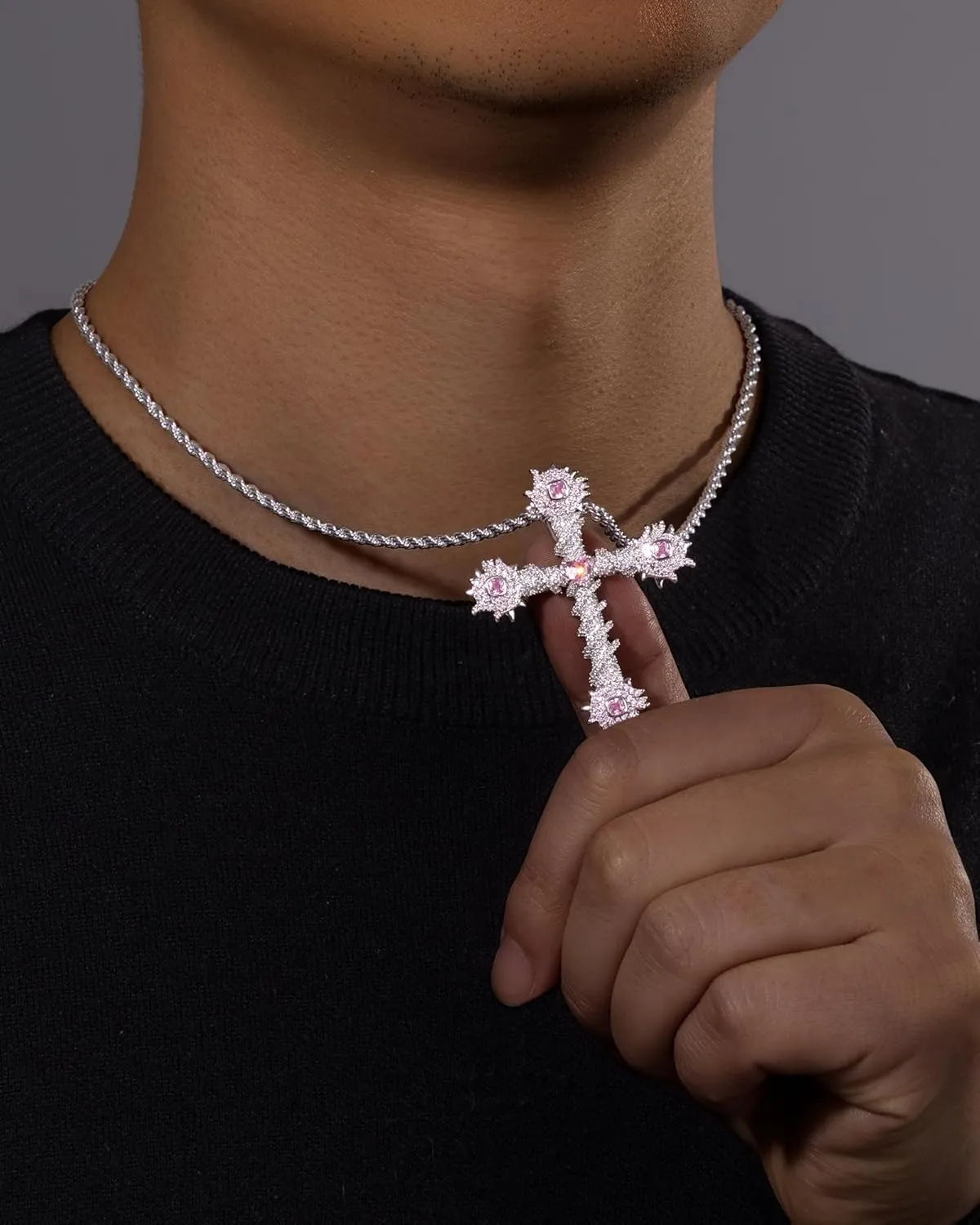 Lulu Mel Iced Out White Gold Plated Cubic Zirconia Stone Cross Necklace With Rope Chain, Trendy Hip Hop Cross Chain Jesus Necklace For Men Women