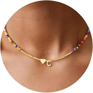 M MOOHAM Cute 3D Initial Necklaces for Girls Women Gifts - Colorful Beaded Tiny Heart Initial Necklace Choker Letter Necklace Jewelry for Teen Girls Trendy Birthday Graduation Dance Recital Gifts