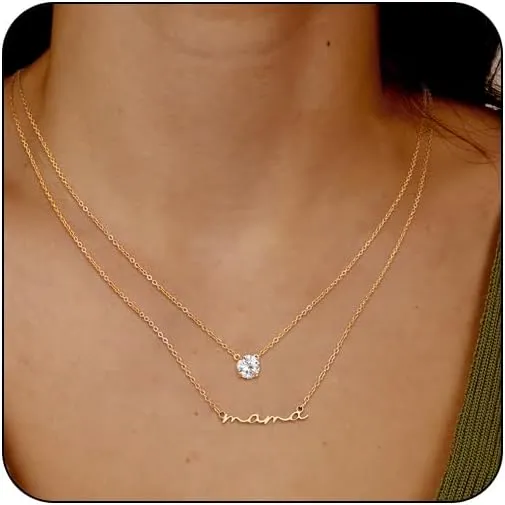 Mama Necklaces for Women 18K Gold Layered Mom Pendant Necklace With CZ Mother's Day for New Mom Mama Gifts