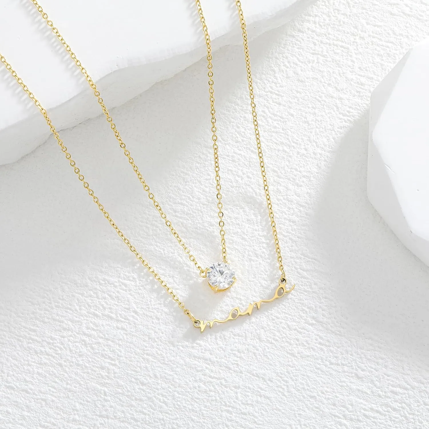 Mama Necklaces for Women 18K Gold Layered Mom Pendant Necklace With CZ Mother's Day for New Mom Mama Gifts