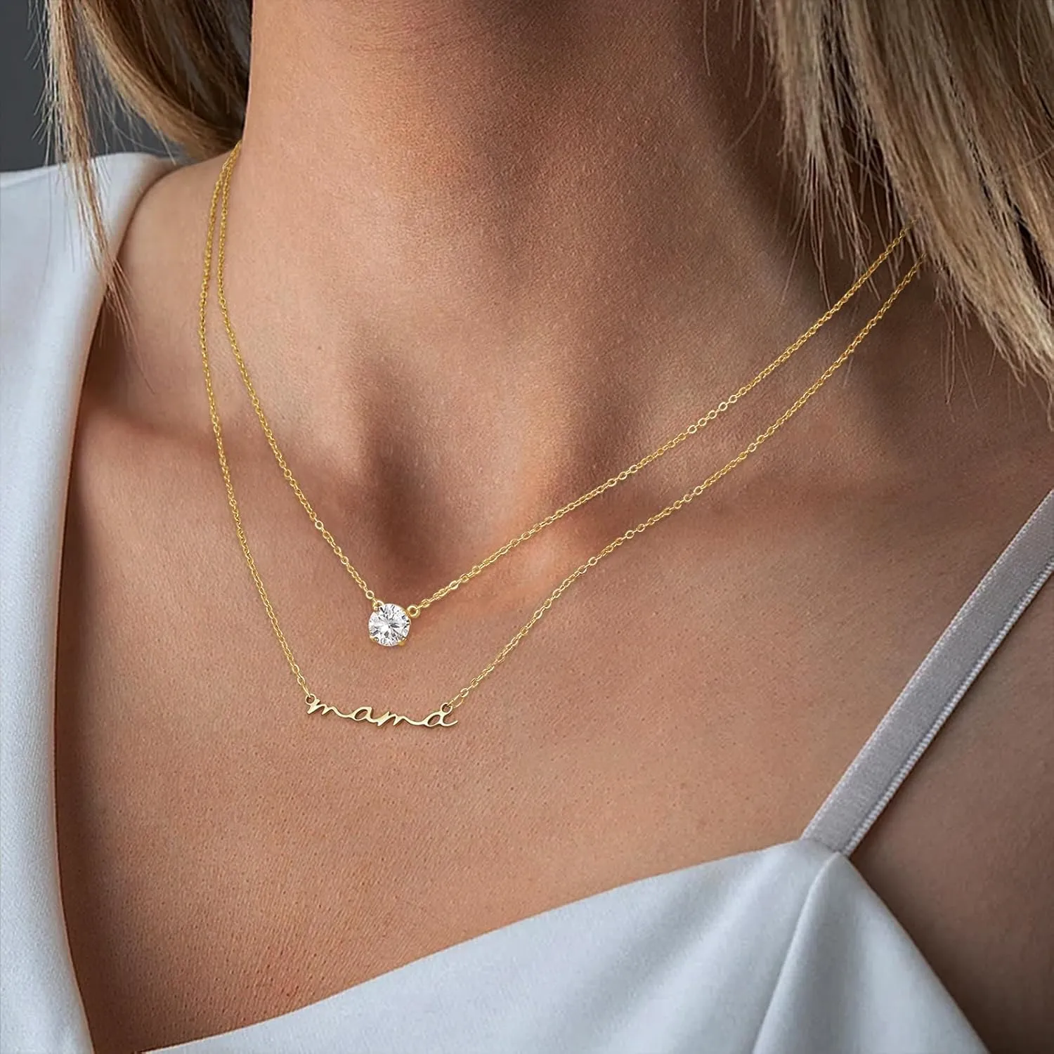 Mama Necklaces for Women 18K Gold Layered Mom Pendant Necklace With CZ Mother's Day for New Mom Mama Gifts