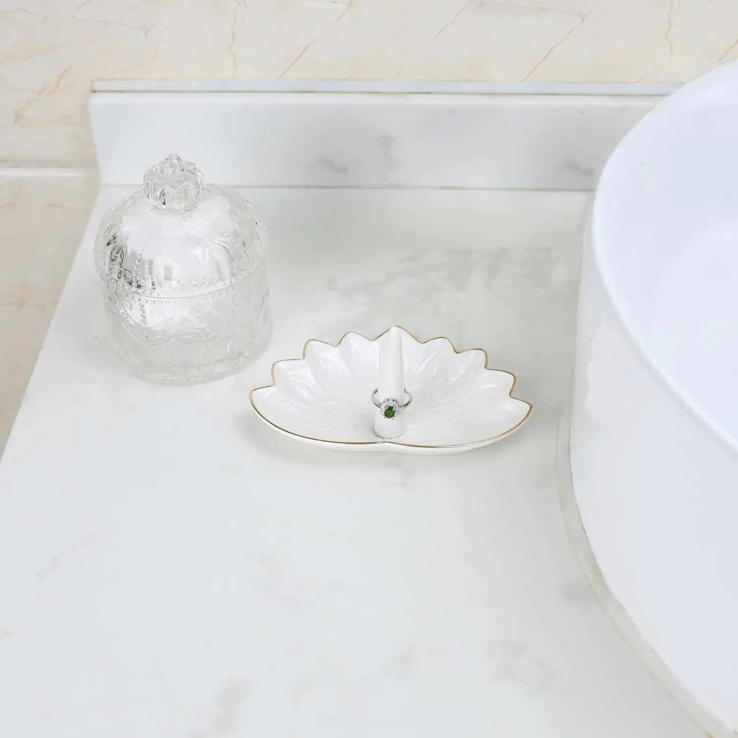 Mandala Ring Holder, Lotus Jewelry Holder Decorative, Anniversary Birthday Gifts for Women/Girls Her, Ceramic White