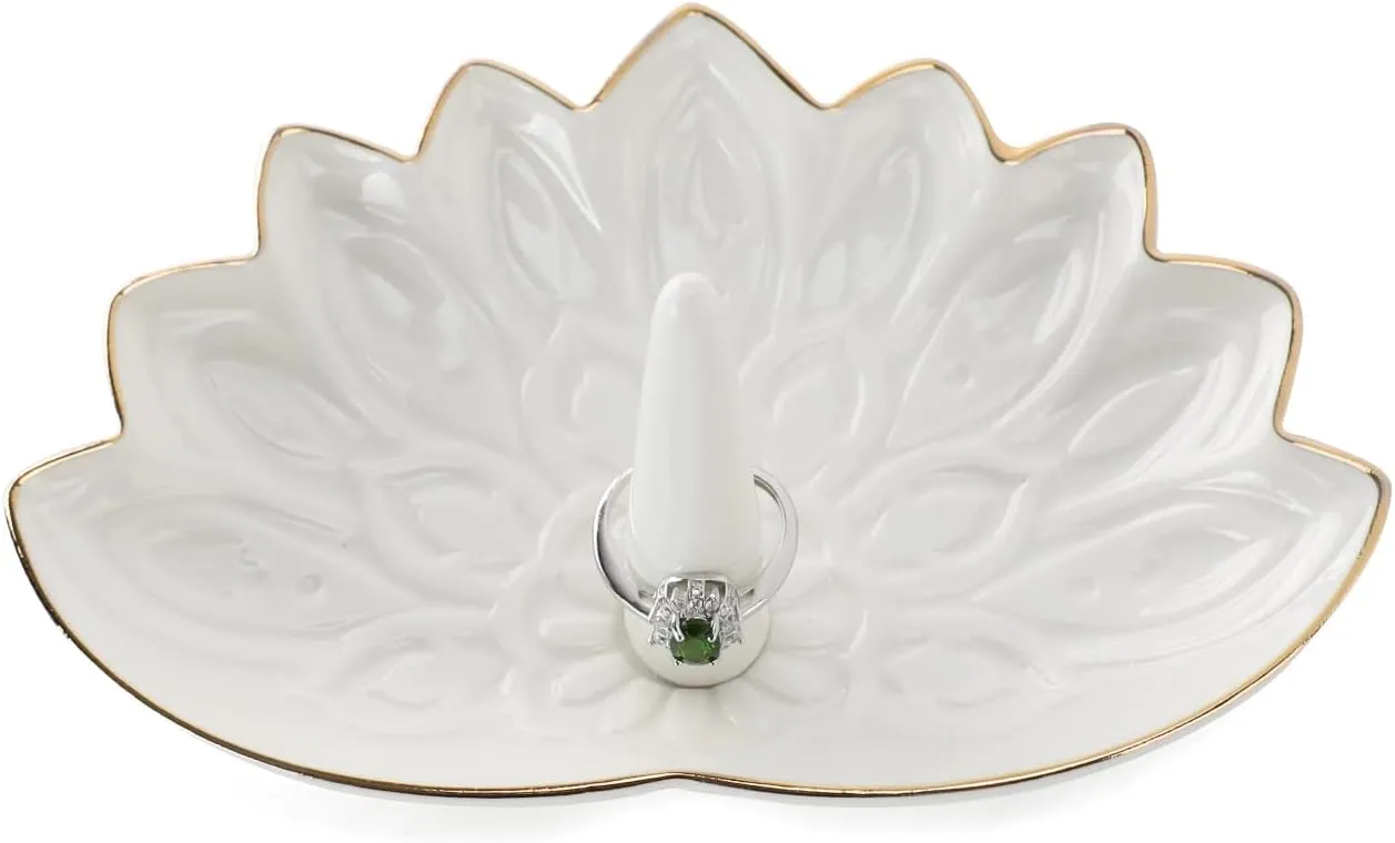 Mandala Ring Holder, Lotus Jewelry Holder Decorative, Anniversary Birthday Gifts for Women/Girls Her, Ceramic White