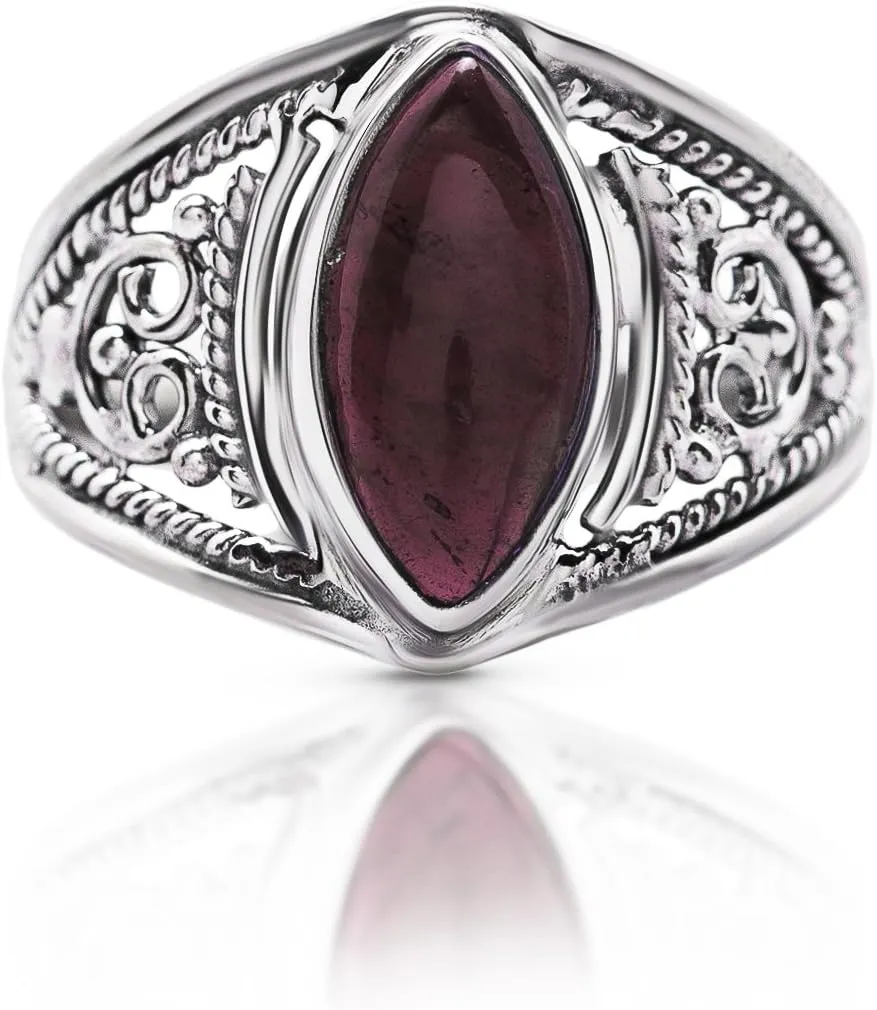 Marquis Garnet 925 Sterling Silver Ring - Delicate BOHO Chic Jewelry - Fashionable and Stylish for Women with Velvet Gift Bag/Box - Made by Indian Artisans - Size 6-9