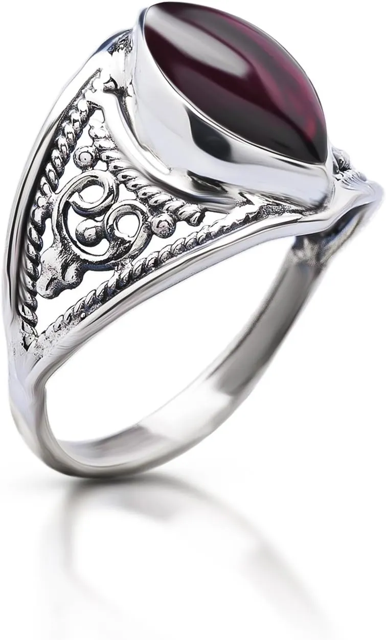Marquis Garnet 925 Sterling Silver Ring - Delicate BOHO Chic Jewelry - Fashionable and Stylish for Women with Velvet Gift Bag/Box - Made by Indian Artisans - Size 6-9