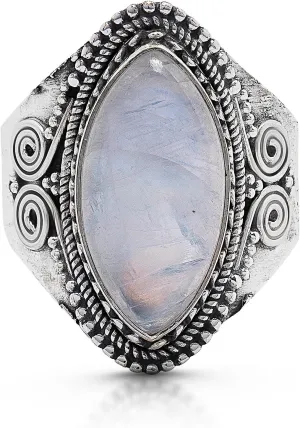 marquis Moonstone 925 Sterling Silver Ring - Delicate BOHO Chic Jewelry - Fashionable and Stylish for Women with Velvet Gift Bag/Box - Made by Indian Artisans - Size 6-10