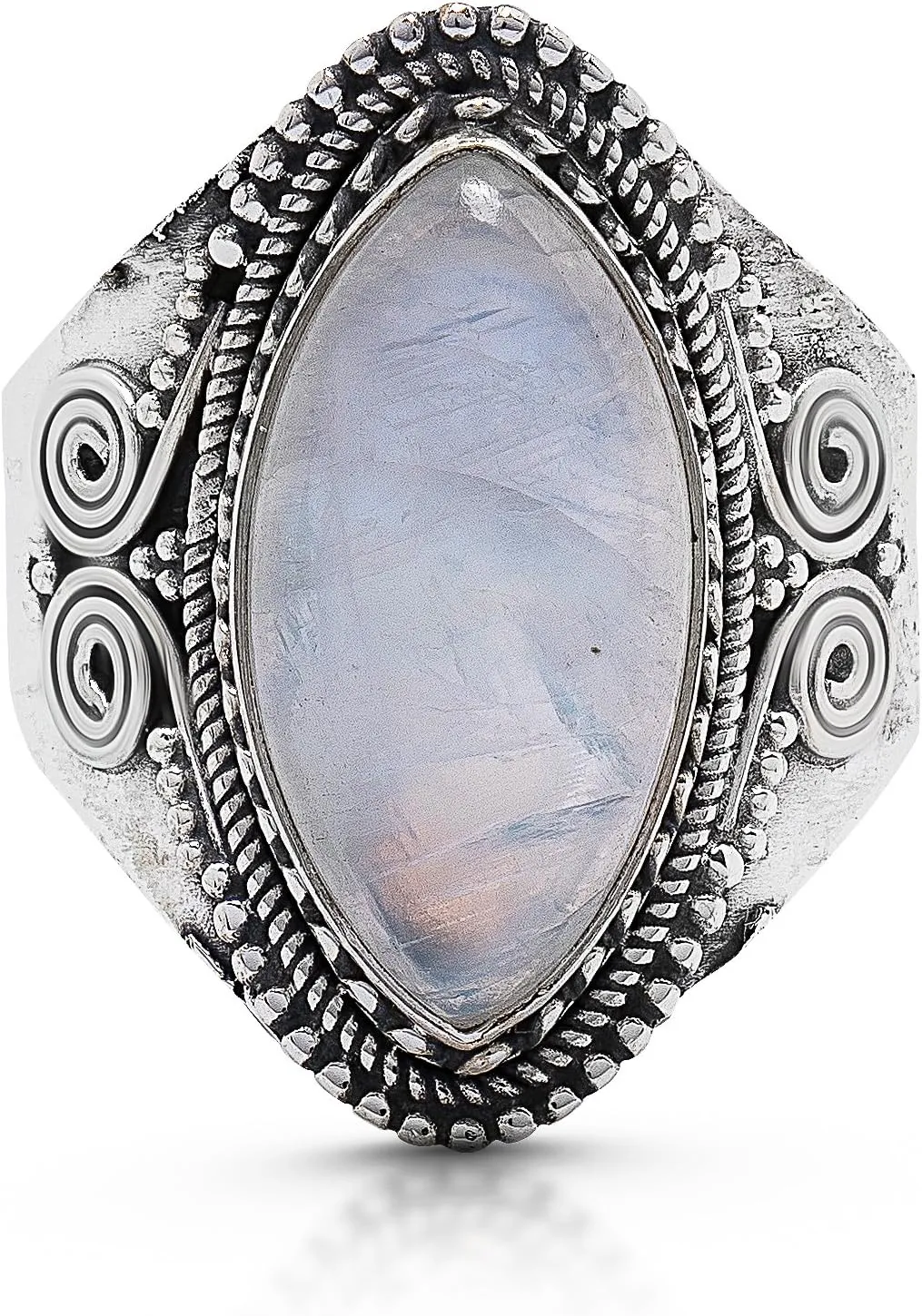 marquis Moonstone 925 Sterling Silver Ring - Delicate BOHO Chic Jewelry - Fashionable and Stylish for Women with Velvet Gift Bag/Box - Made by Indian Artisans - Size 6-10