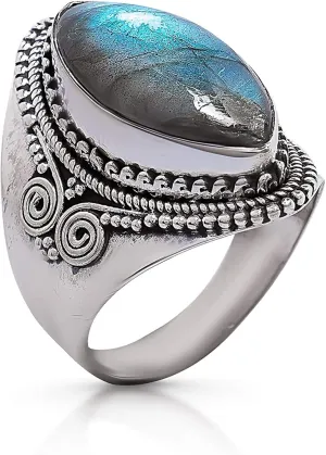 Marquise Labradorite Spiral Side Vintage Ring- 925 Sterling Silver - Ethnic Boho Chic Hand Made Jewelry - Fashionable And Stylish For Women -Us Size 6-10