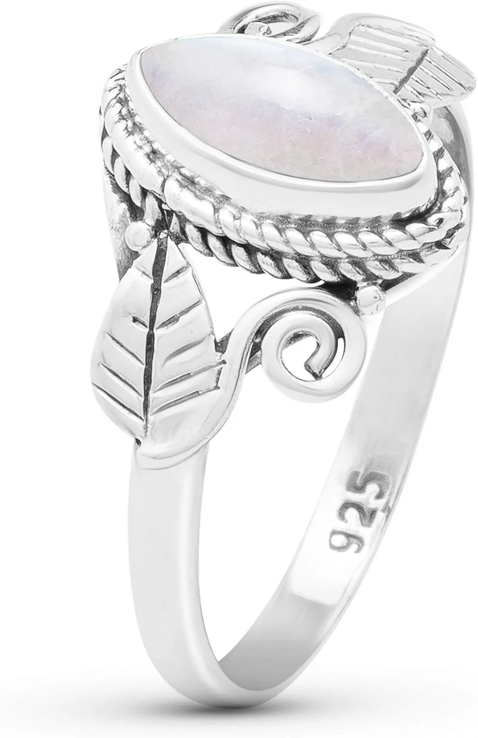 Marquise Moonstone Spiral and Leaf 925 Sterling Silver Ring - Delicate BOHO Chic Jewelry - Fashionable and Stylish for Women with Velvet Gift Bag - Made by Indian Artisans - Size 6-9