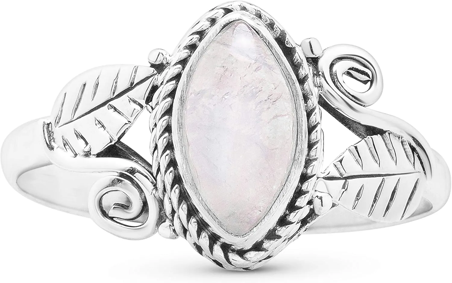 Marquise Moonstone Spiral and Leaf 925 Sterling Silver Ring - Delicate BOHO Chic Jewelry - Fashionable and Stylish for Women with Velvet Gift Bag - Made by Indian Artisans - Size 6-9