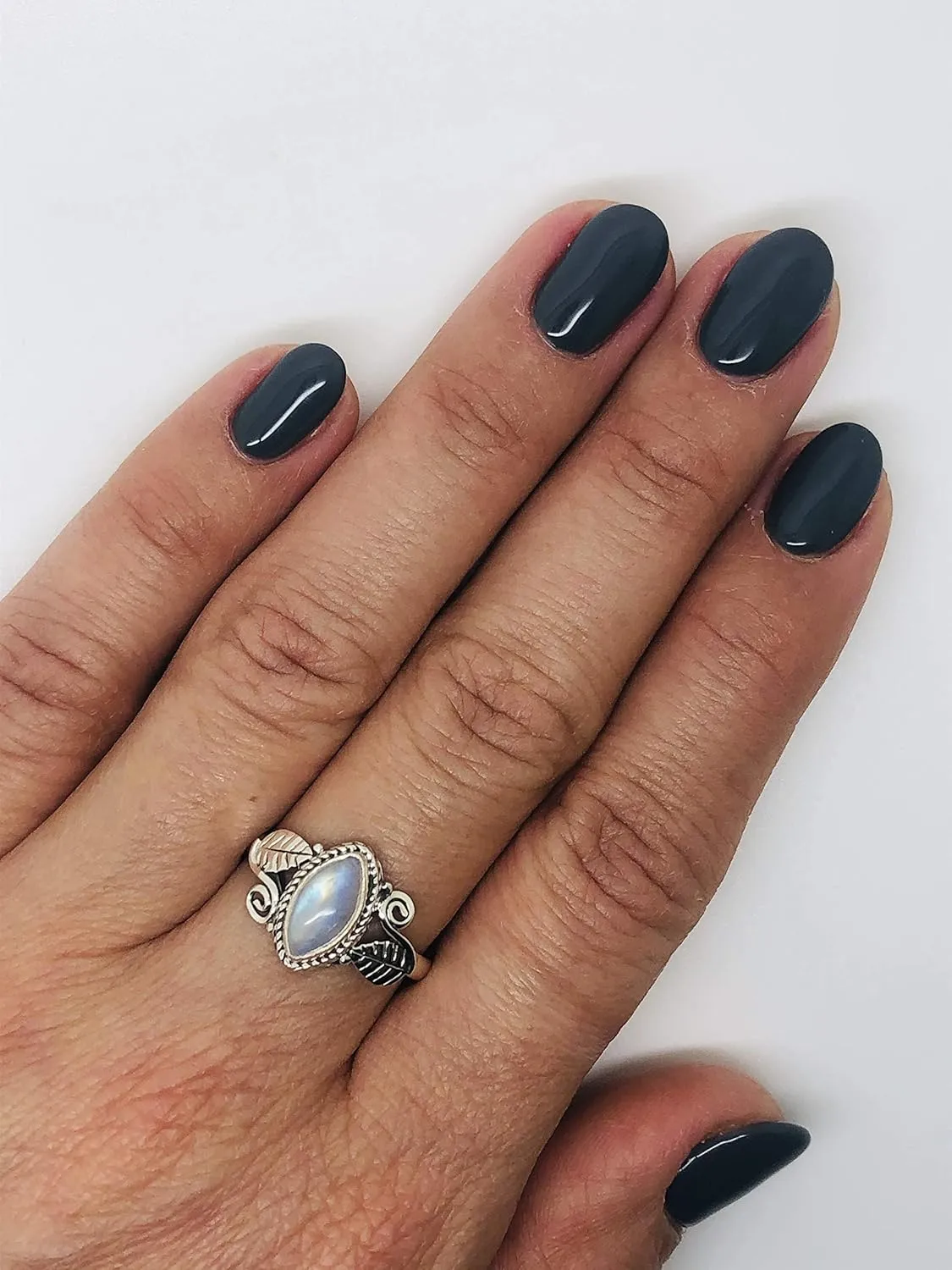 Marquise Moonstone Spiral and Leaf 925 Sterling Silver Ring - Delicate BOHO Chic Jewelry - Fashionable and Stylish for Women with Velvet Gift Bag - Made by Indian Artisans - Size 6-9