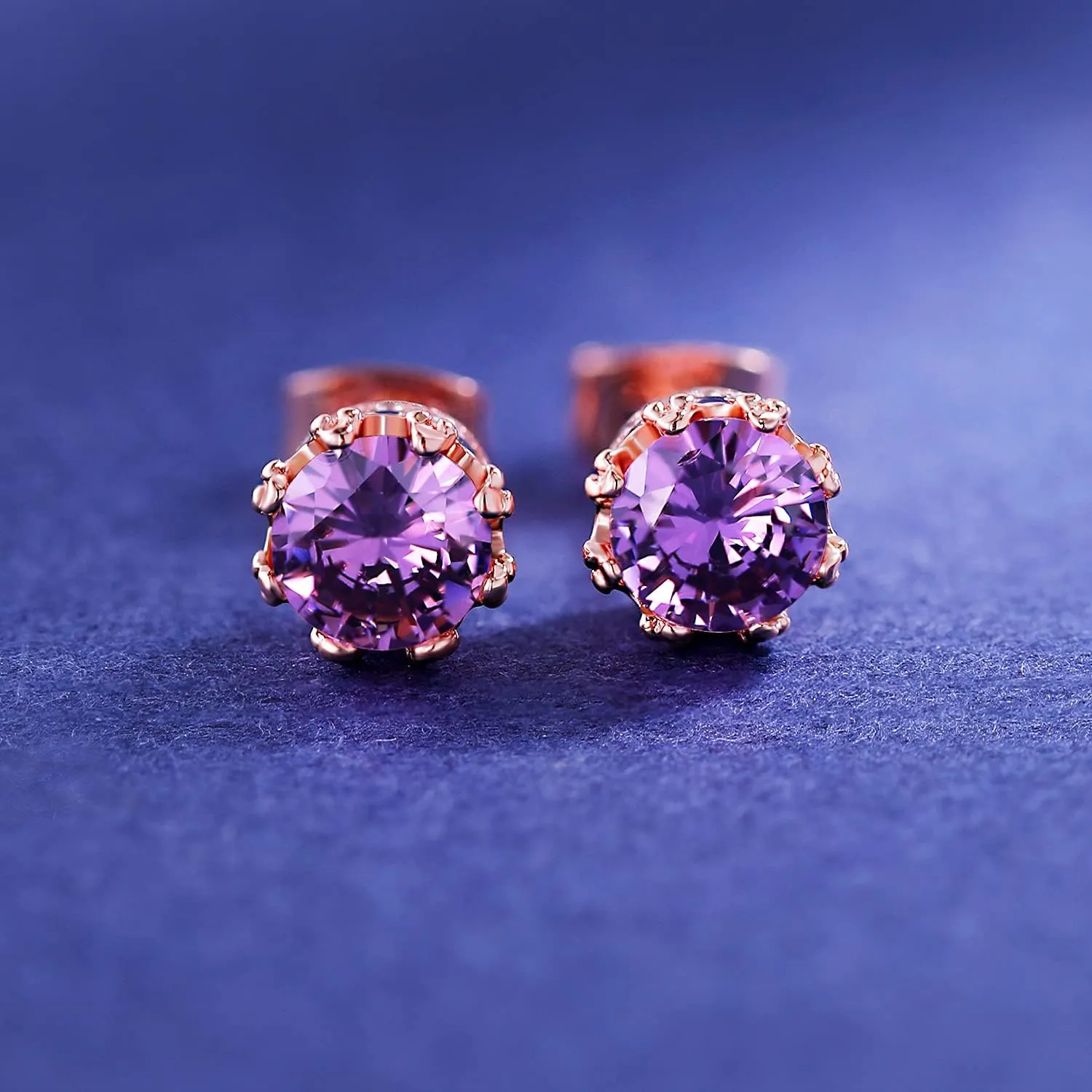 MDFUN Rose Gold Plated Stud Earrings for Women 6.0mm Round Brilliant Crown Birthstone Birthday Jewelry Gift