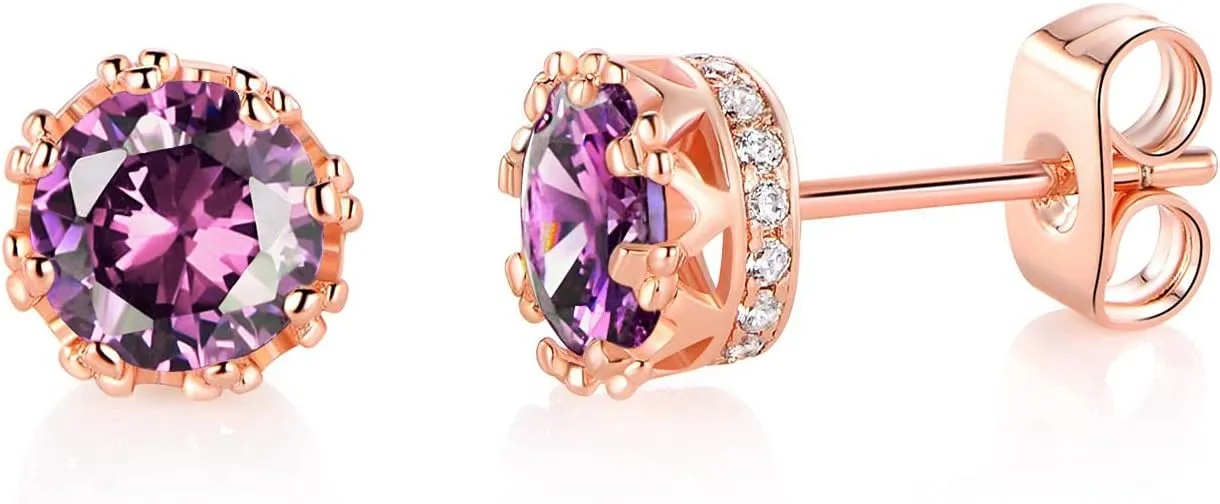 MDFUN Rose Gold Plated Stud Earrings for Women 6.0mm Round Brilliant Crown Birthstone Birthday Jewelry Gift