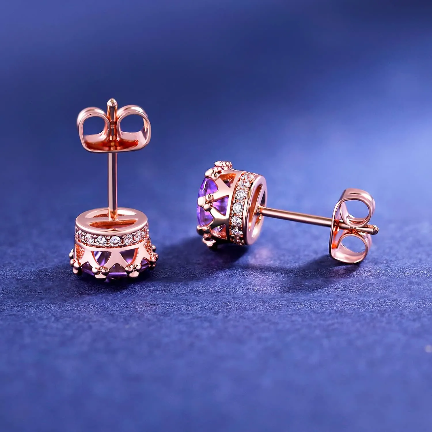 MDFUN Rose Gold Plated Stud Earrings for Women 6.0mm Round Brilliant Crown Birthstone Birthday Jewelry Gift