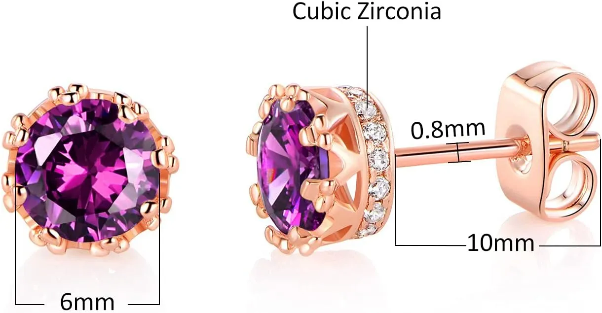 MDFUN Rose Gold Plated Stud Earrings for Women 6.0mm Round Brilliant Crown Birthstone Birthday Jewelry Gift
