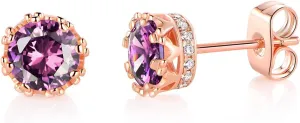 MDFUN Rose Gold Plated Stud Earrings for Women 6.0mm Round Brilliant Crown Birthstone Birthday Jewelry Gift