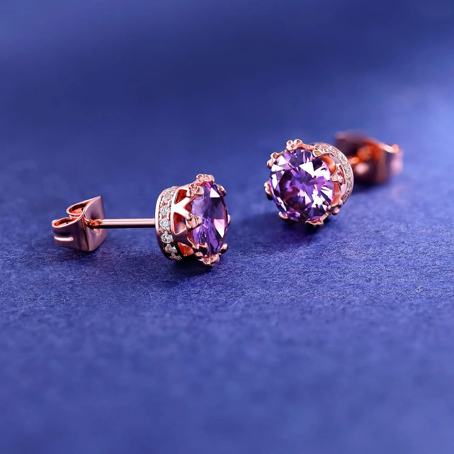 MDFUN Rose Gold Plated Stud Earrings for Women 6.0mm Round Brilliant Crown Birthstone Birthday Jewelry Gift