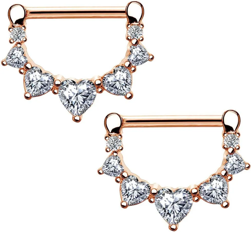 Melighting 2pcs 14G Nipple Rings Surgial Steel 316L Piercing Jewelry Shiny Heart Clear CZ Nipple Bars Rose Gold 14mm