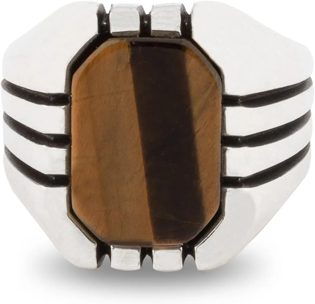 Men's Classic Design 925 Sterling Silver Ring with Tiger Eye Gemstone and Hand-engraved Stripes on the sides
