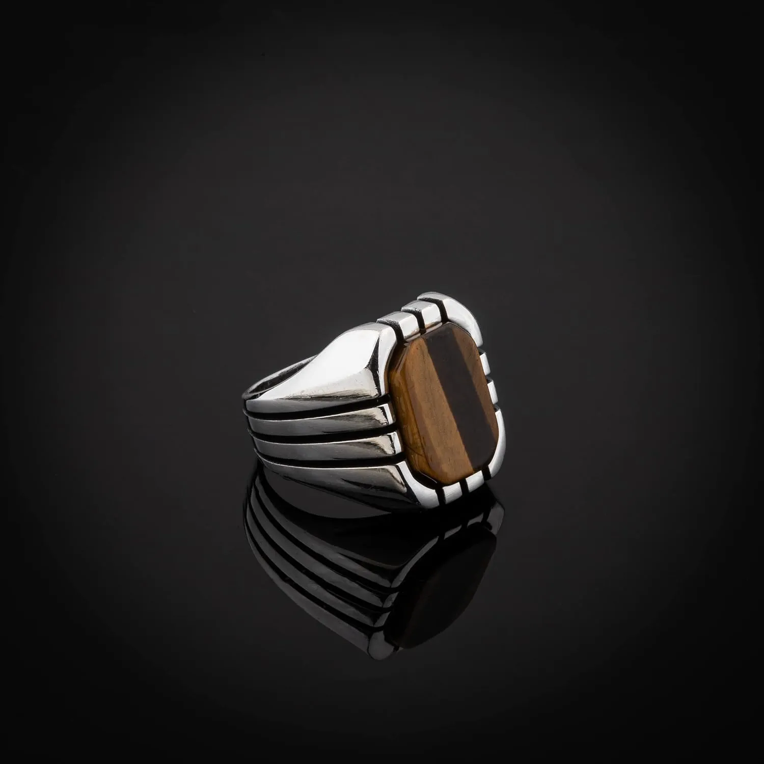 Men's Classic Design 925 Sterling Silver Ring with Tiger Eye Gemstone and Hand-engraved Stripes on the sides