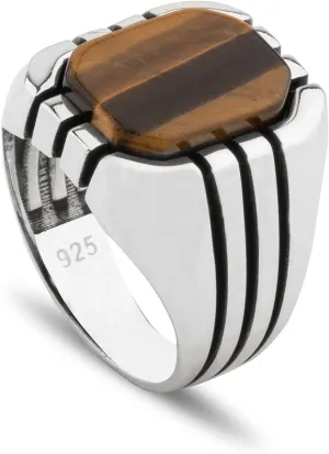 Men's Classic Design 925 Sterling Silver Ring with Tiger Eye Gemstone and Hand-engraved Stripes on the sides