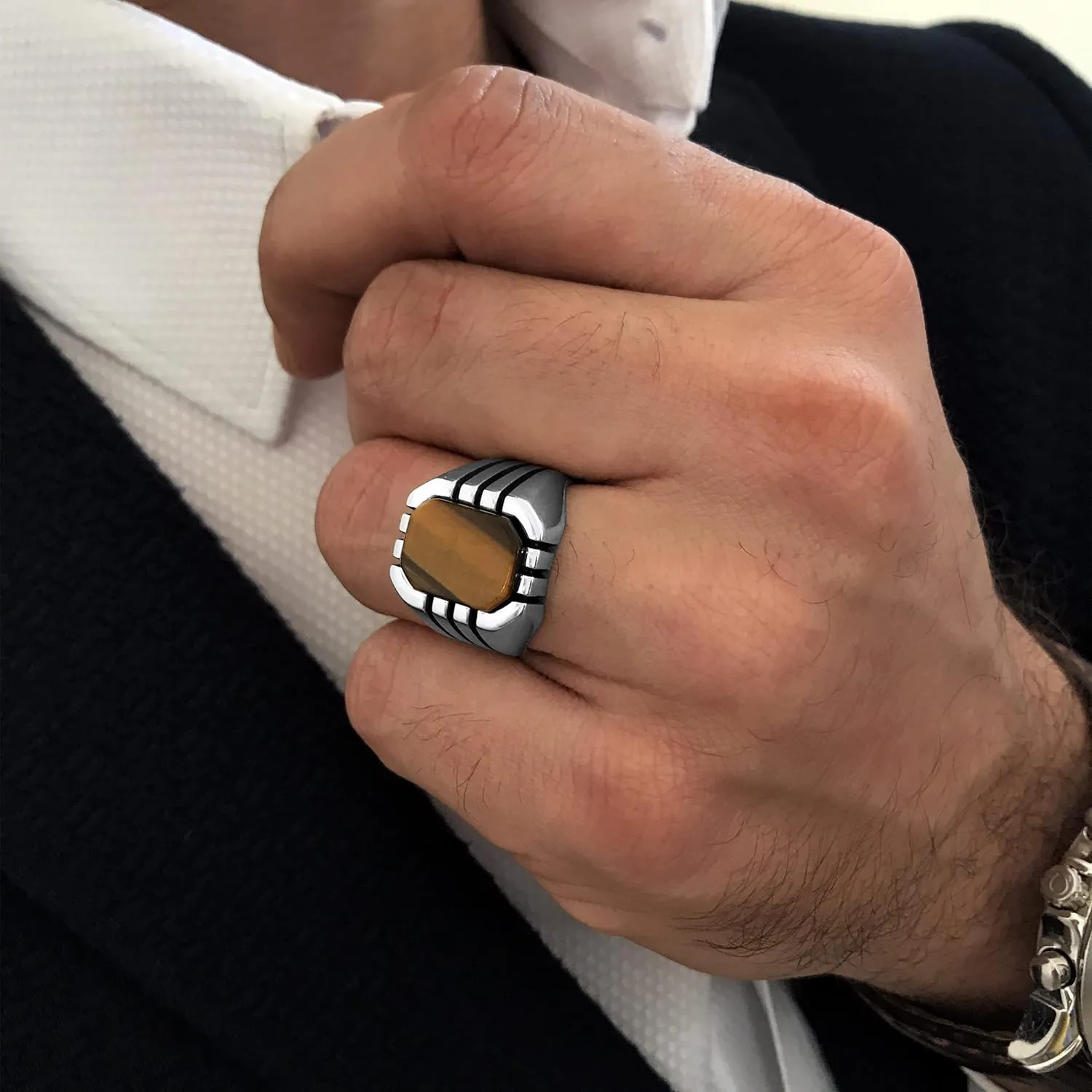Men's Classic Design 925 Sterling Silver Ring with Tiger Eye Gemstone and Hand-engraved Stripes on the sides