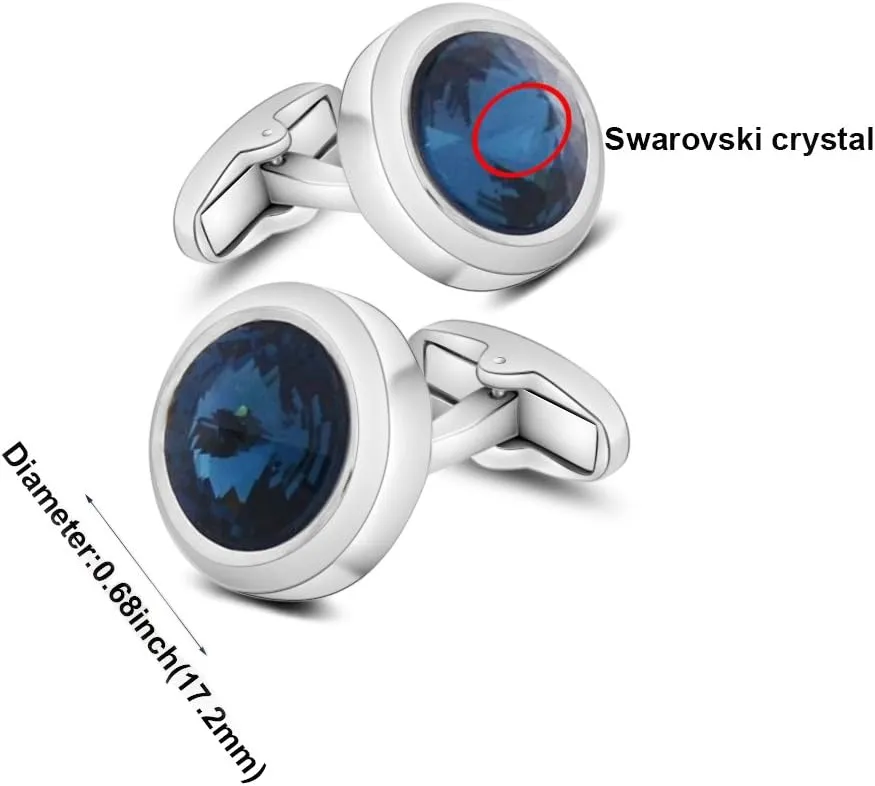 Mens Cufflinks Elegant Style Cuff Link Super Shiny Navy Blue Crystal Circular Cufflinks with Gift Box