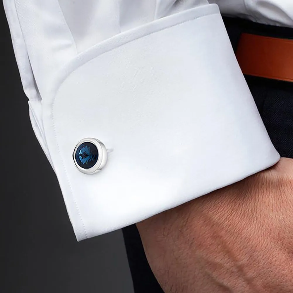 Mens Cufflinks Elegant Style Cuff Link Super Shiny Navy Blue Crystal Circular Cufflinks with Gift Box
