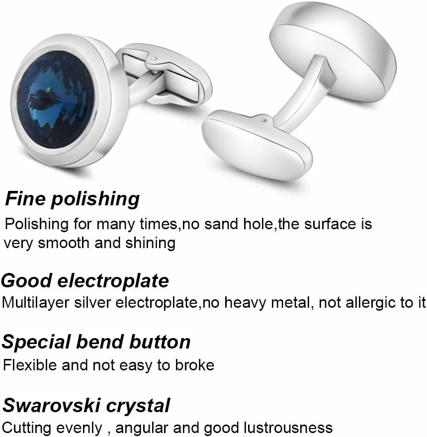 Mens Cufflinks Elegant Style Cuff Link Super Shiny Navy Blue Crystal Circular Cufflinks with Gift Box