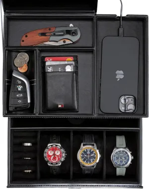 Mens Jewelry Box Organizer & Dresser Valet Tray - Premium Nightstand Station for Watches, Rings, and Accessories - Stylish Mens Dresser Top Organizer with Multiple Compartments and Soft Lining