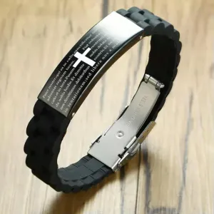 Mens Stainless Steel Black Cross Silver English Bible Lords Prayer Link Bracelet-Latin