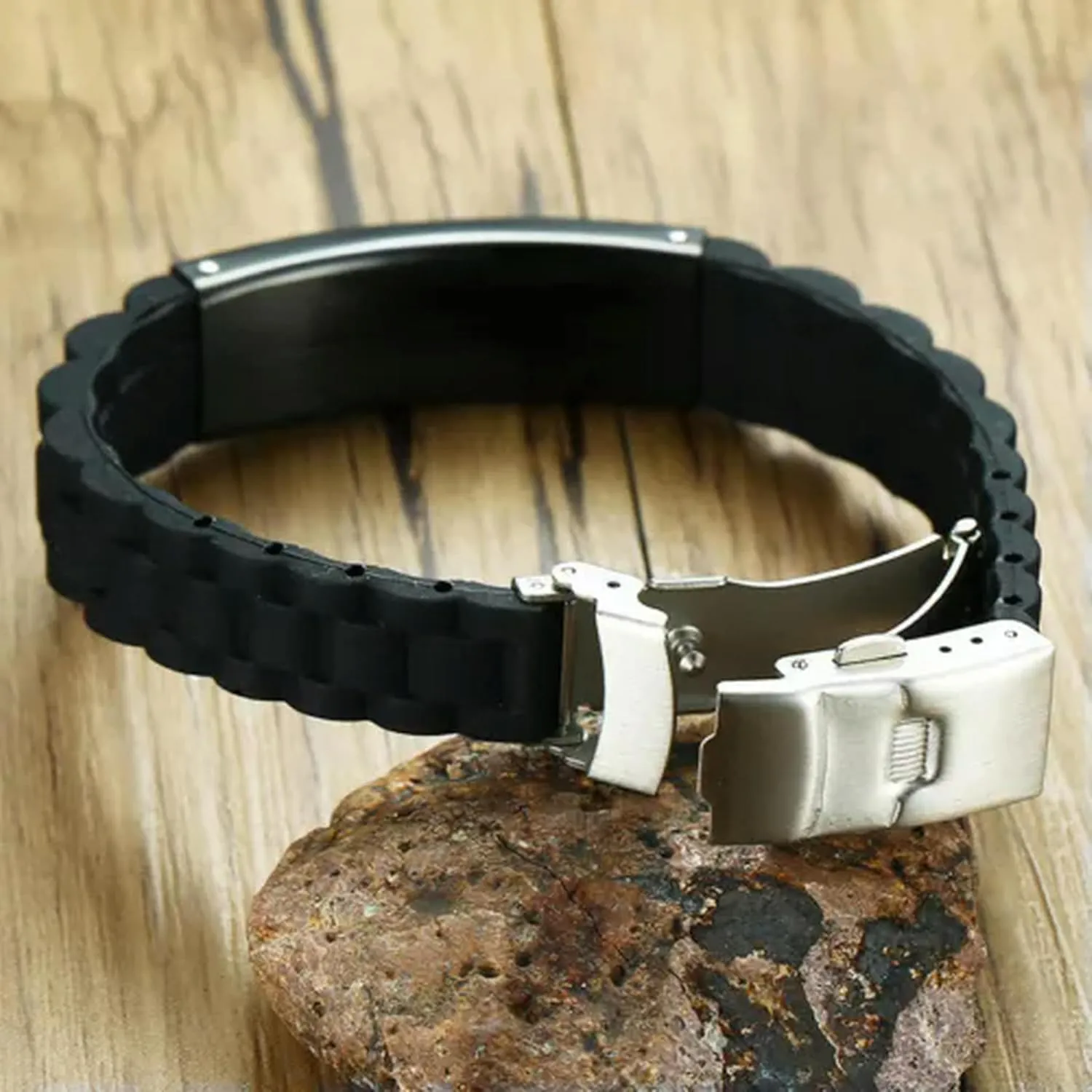Mens Stainless Steel Black Cross Silver English Bible Lords Prayer Link Bracelet-Latin