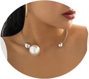 Metal Big Pearl Open Choker Necklace Adjustable Silver Big Pearl Choker Necklaces for Women Round Open Cuff Necklace Elegant Cuff Collar Necklace Statement Chain Necklace for Women (Silver)