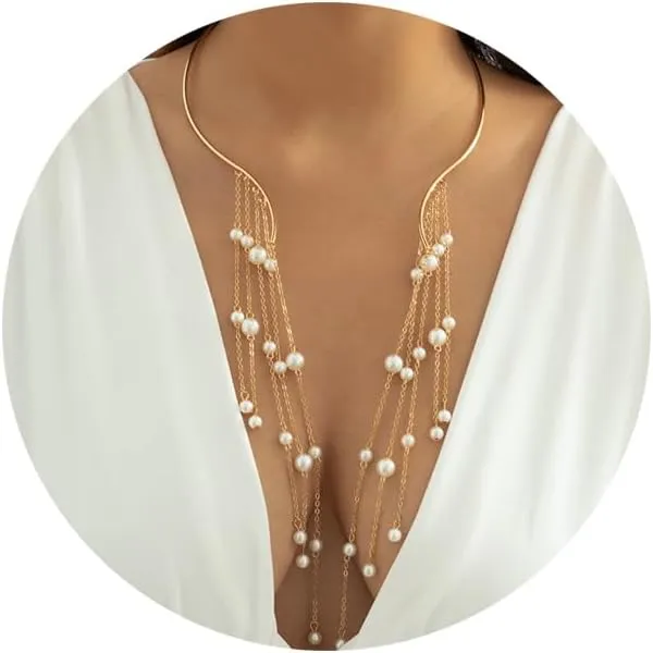 Metal Pearl Open Choker Necklace Adjustable Gold Pearl Choker Necklaces for Women Round Open Cuff Necklace Elegant Cuff Collar Necklace Statement Chain Necklace for Women (Pearl)