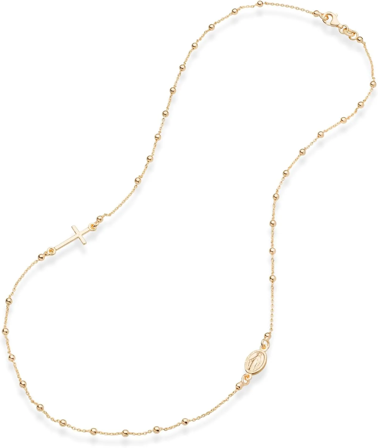 Miabella 18K Gold Over 925 Sterling Silver Italian Rosary Beaded Sideways Dainy Cross Necklace Chain for Women, Made in Italy