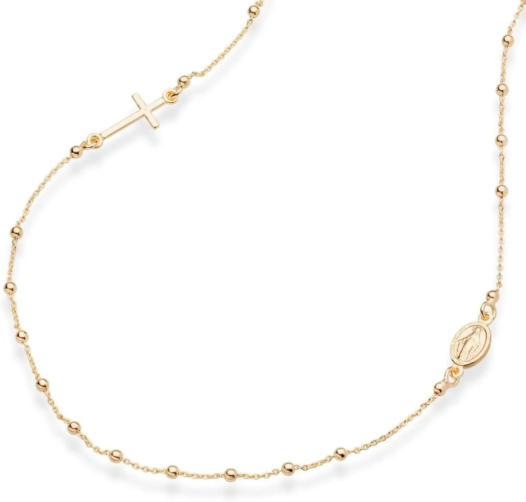 Miabella 18K Gold Over 925 Sterling Silver Italian Rosary Beaded Sideways Dainy Cross Necklace Chain for Women, Made in Italy