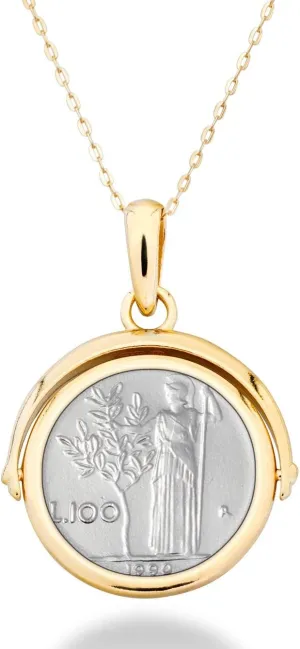 Miabella 18K Gold over Sterling Silver Italian Genuine Reversible Flip 100 Lira Coin Pendant with Adjustable Chain Necklace, Medallion Made in Italy