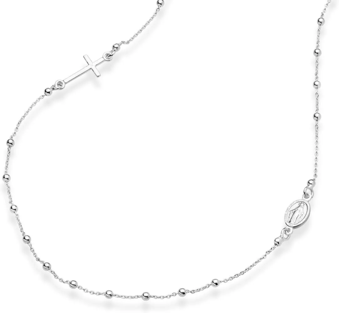 Miabella 925 Sterling Silver Italian Rosary Beaded Sideways Cross Dainty Chain Necklace for Women Made in Italy