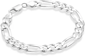 Miabella 925 Sterling Silver Italian Solid 9mm Diamond-Cut Figaro Link Chain Bracelet for Men, Made in Italy
