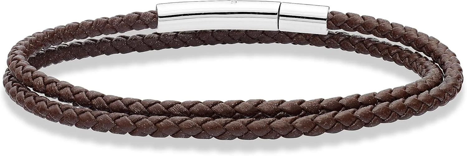 Miabella Genuine Italian Double Wrap Braided Leather Bracelet for Men Women, Stainless Steel Clasp, Made in Italy