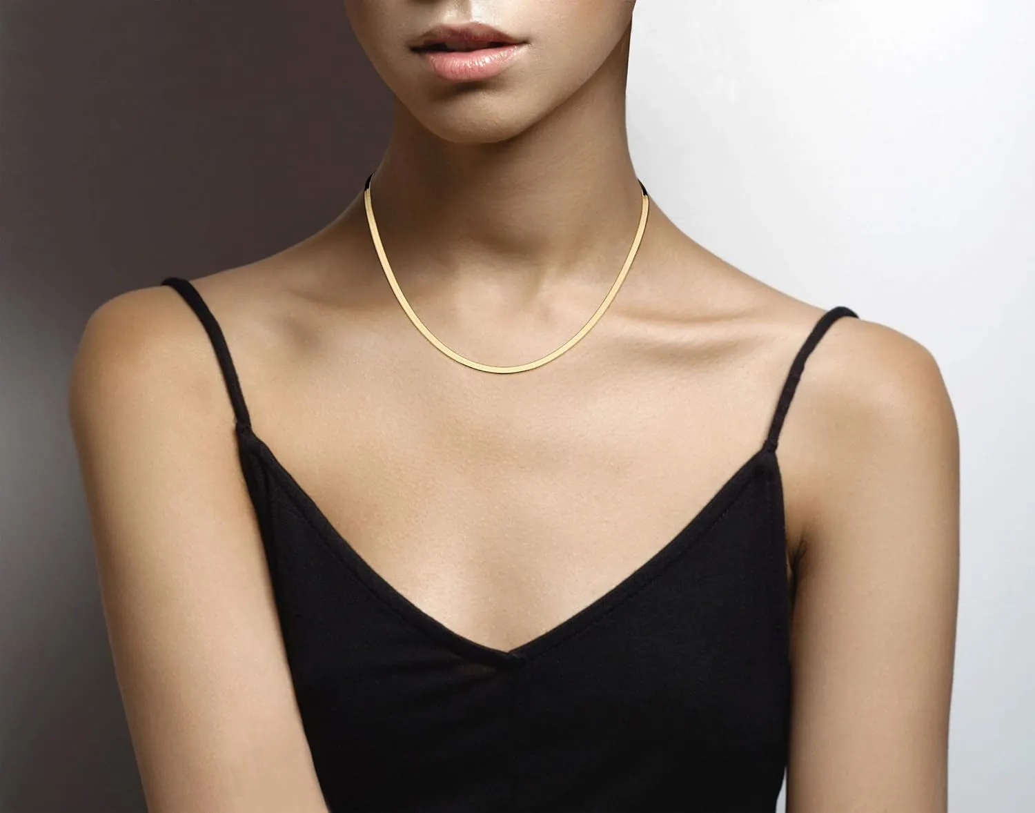 Miabella Italian Solid 925 Sterling Silver, 18Kt Gold Plated 3.5mm Flexible Flat Herringbone Chain Necklace for Women, Made in Italy