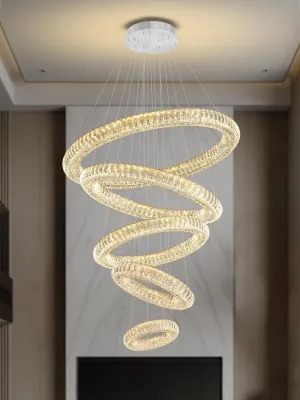 Modern Crystal Chandelier Lighting, 5 Ring Chandeliers LED Ceiling Lights Fixtures High Ceiling Foyer Chandelier for Staircase, D8'' 15.7" 23.6" 31.5" 39.4"