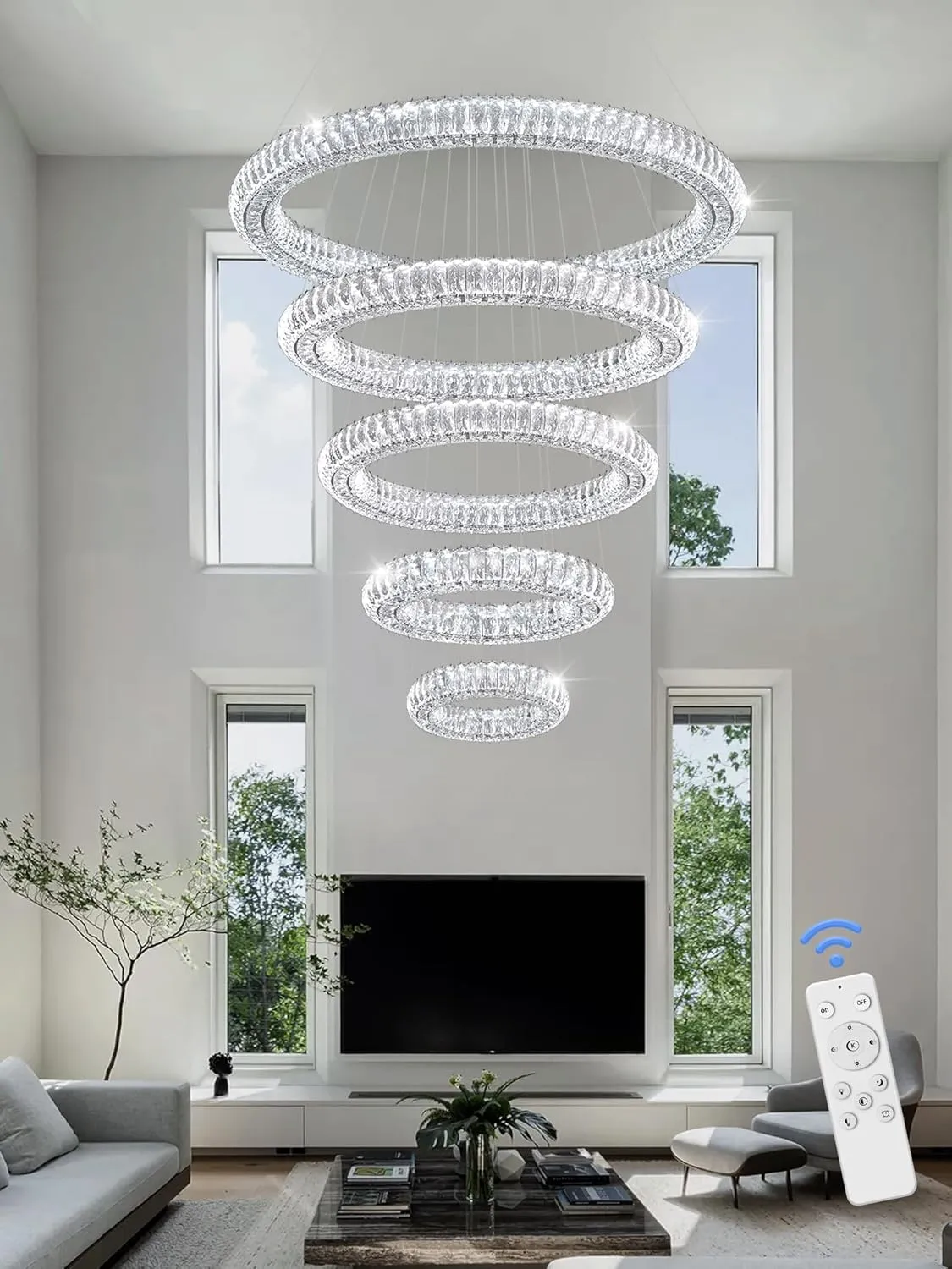 Modern Crystal Chandelier Lighting, 5 Ring Chandeliers LED Ceiling Lights Fixtures High Ceiling Foyer Chandelier for Staircase, D8'' 15.7" 23.6" 31.5" 39.4"