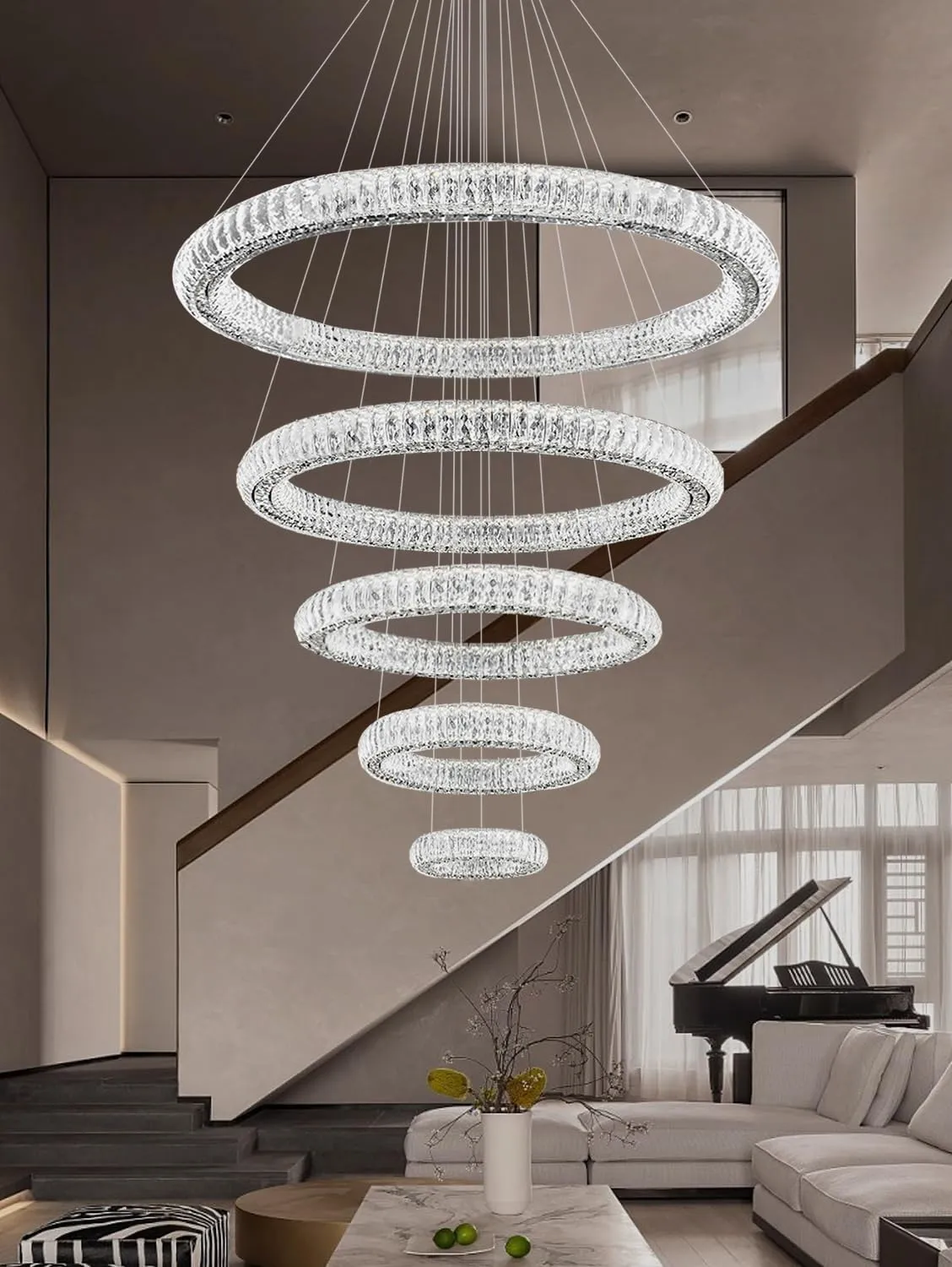 Modern Crystal Chandelier Lighting, 5 Ring Chandeliers LED Ceiling Lights Fixtures High Ceiling Foyer Chandelier for Staircase, D8'' 15.7" 23.6" 31.5" 39.4"